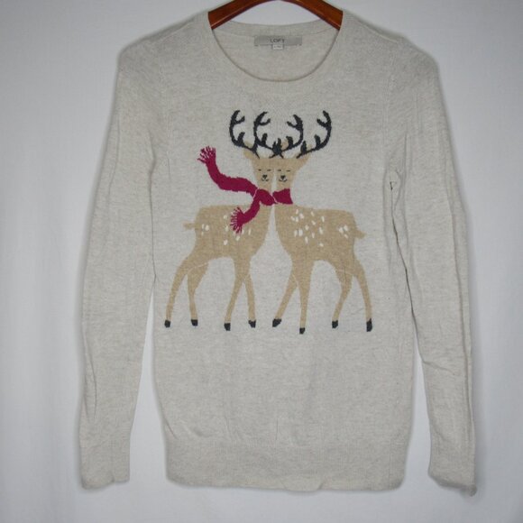 Ann Taylor LOFT Beige Cream Reindeer Crew Neck Sweater Women's S Small - Picture 6 of 8